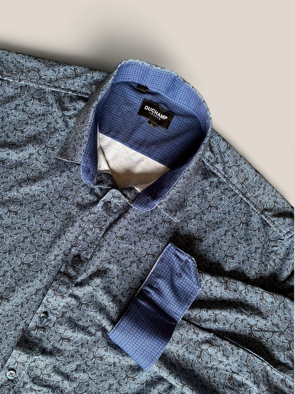 Duchamp London Shirt Men ‘s L Blue Paisley Flip Cuffs Long Sleeves Button Up
